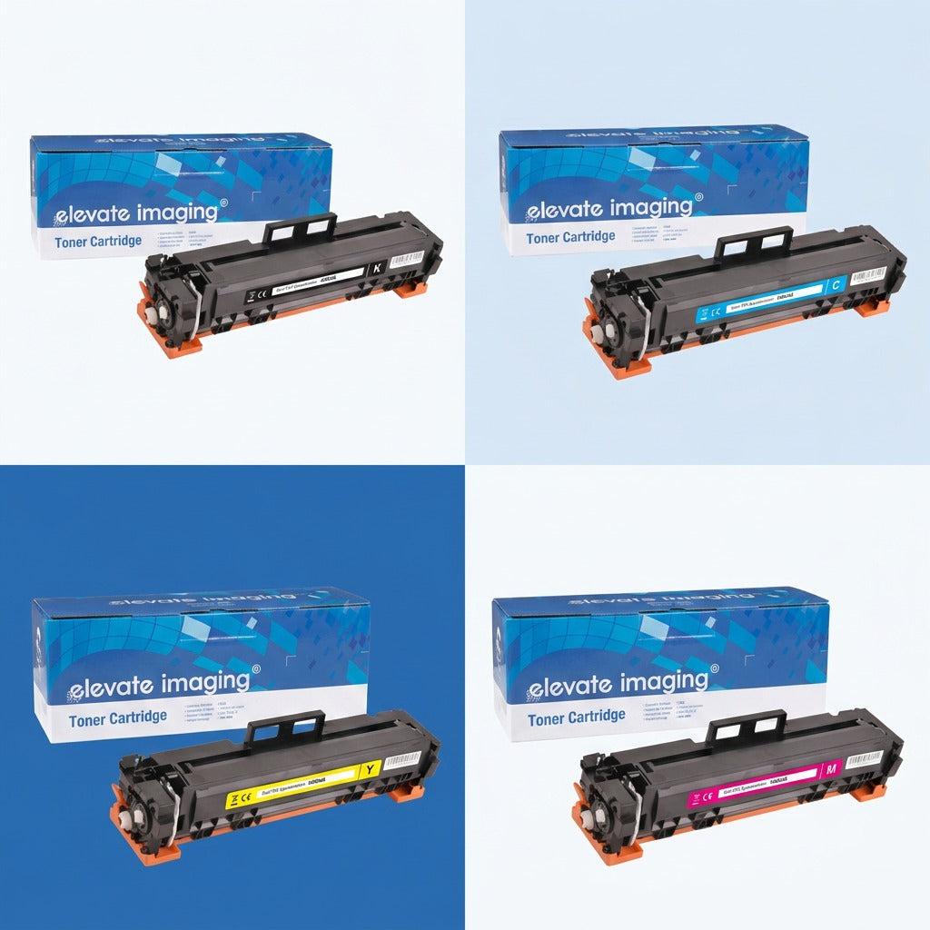 Grid showing Elevate Imaging HP 215A compatible black, cyan, yellow, and magenta toner cartridges.