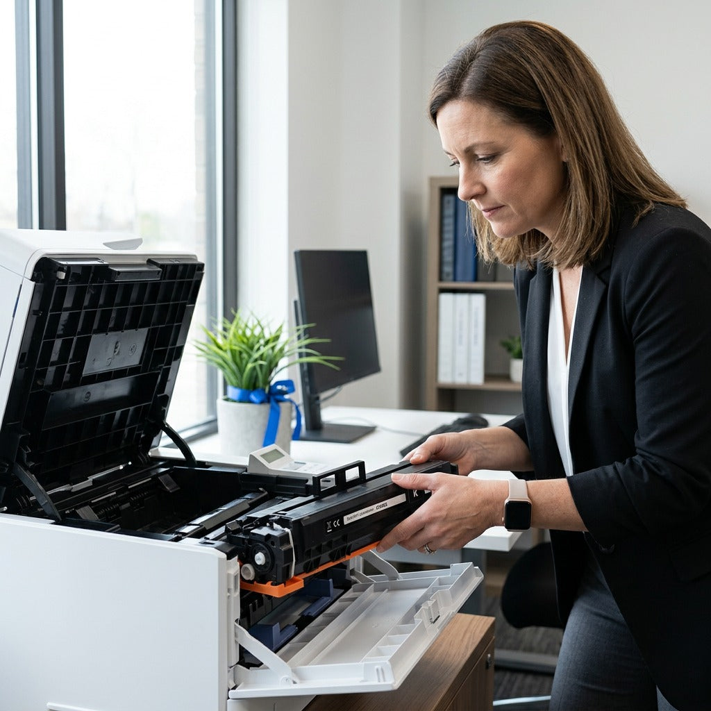 Office professional installing an Elevate Imaging W2020A black toner cartridge into a printer.