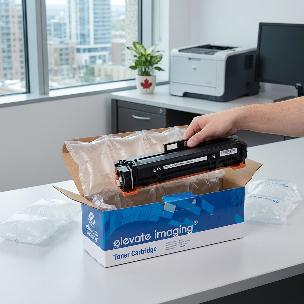 A person unboxing an Elevate Imaging HP 215A compatible black toner cartridge from protective air pillows.