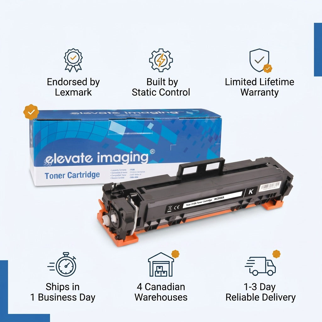 Elevate Imaging HP 215A compatible black toner cartridge infographic with trust and shipping badges.
