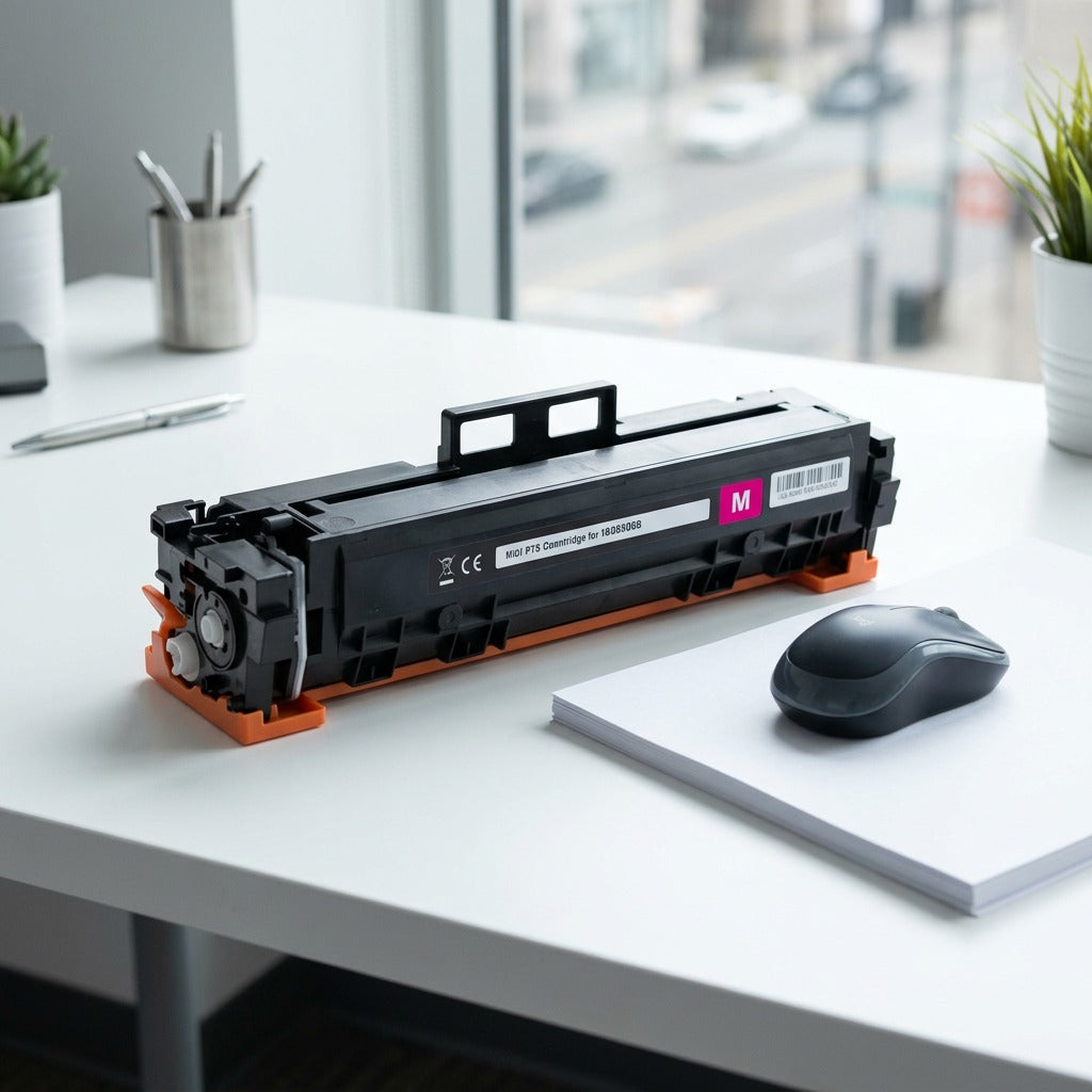 HP 414X laser toner cartridge on a white desk next to a computer mouse and paper for size reference.