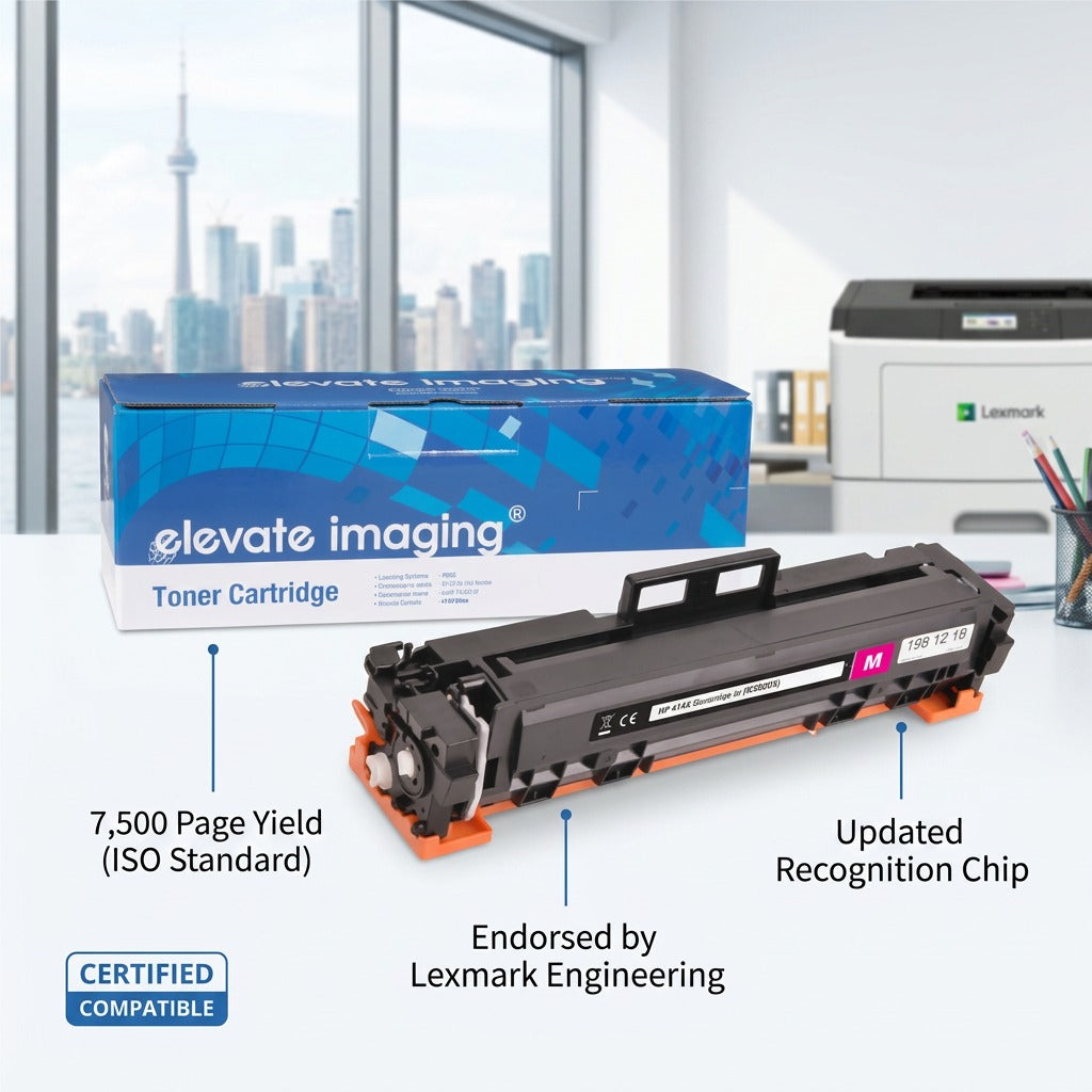 Elevate Imaging HP 414X 7,500 page yield toner cartridge with updated recognition chip callouts.