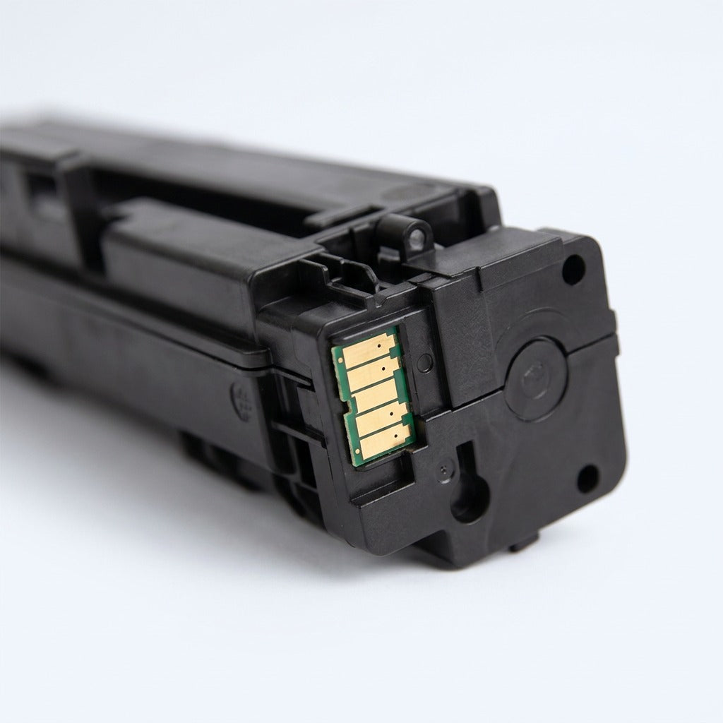 Macro detail of the gold-plated contact chip on an Elevate Imaging HP 414X black toner cartridge.