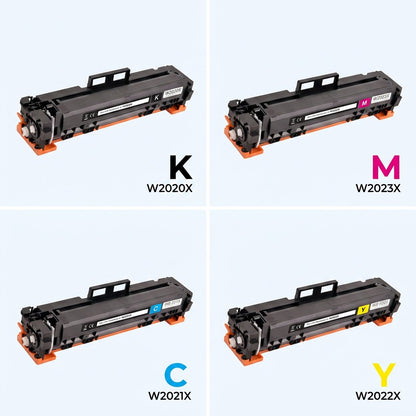 Elevate Imaging compatible HP 414X toner cartridge set in black, magenta, cyan, and yellow.
