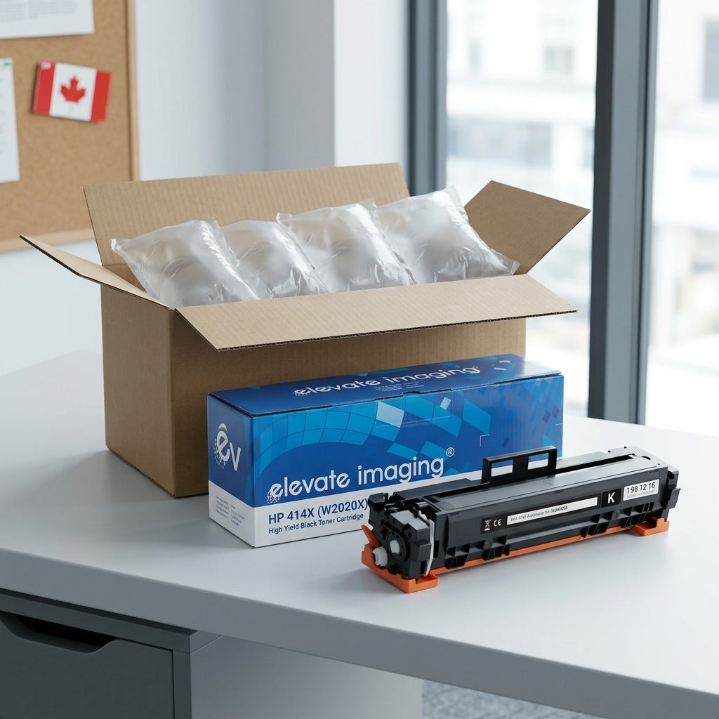 Elevate Imaging HP 414X toner cartridge unboxed on a desk next to protective air-cushion packaging.