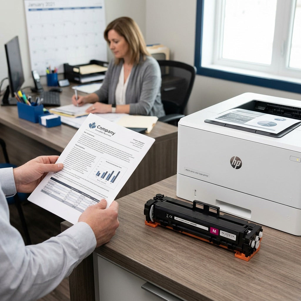 HP 414X Black toner cartridge on an office desk next to an HP printer and a crisp printed document.