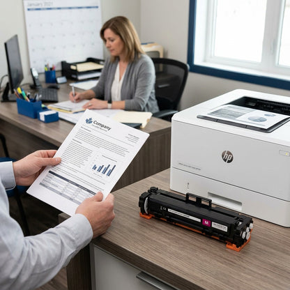 HP 414X Black toner cartridge on an office desk next to an HP printer and a crisp printed document.