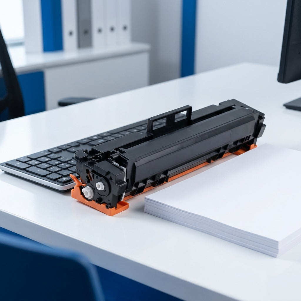 HP 206A cyan toner cartridge on an office desk next to a keyboard and A4 paper for scale reference.