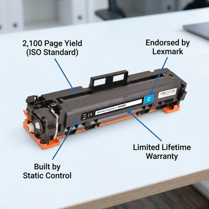 Elevate Imaging HP 206A cyan toner cartridge on a desk with feature callout labels and pointer lines.