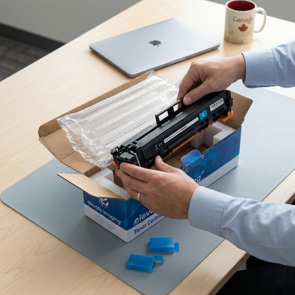 Hands unboxing an Elevate Imaging W2021A Cyan toner cartridge from protective air cushioning.