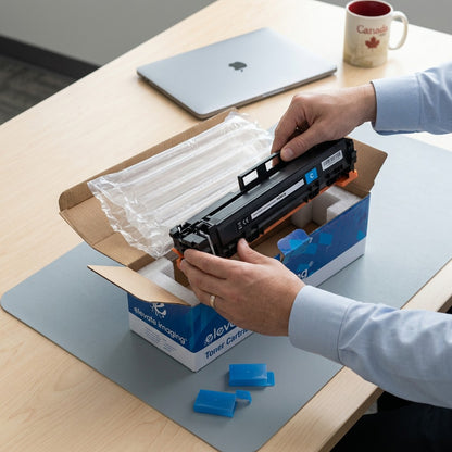Hands unboxing an Elevate Imaging W2021A Cyan toner cartridge from protective air cushioning.
