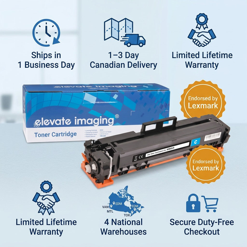 Elevate Imaging cyan toner cartridge infographic showing fast Canadian delivery and lifetime warranty.