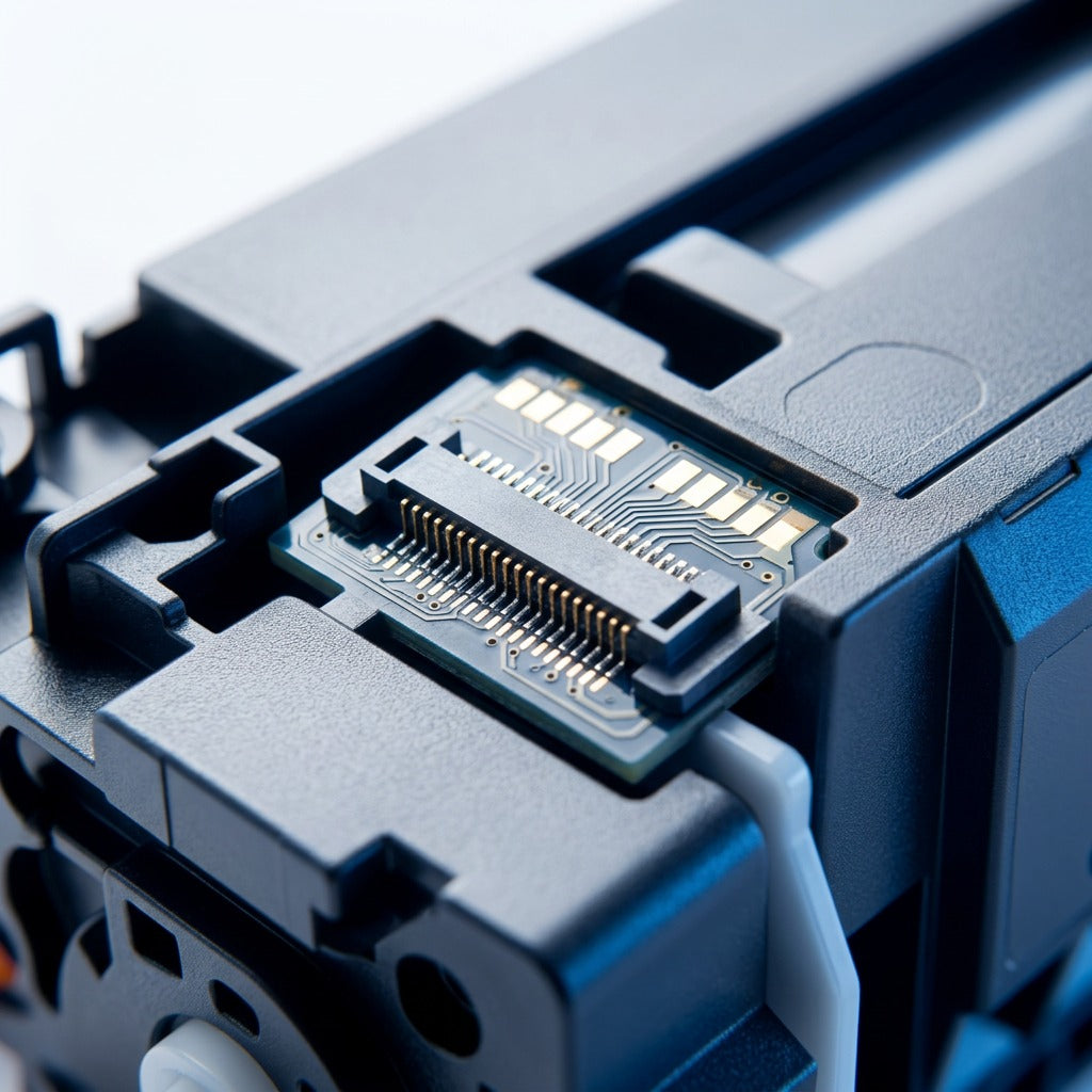 Macro close-up of the high-precision contact chip on an Elevate Imaging W2021A cyan toner cartridge.