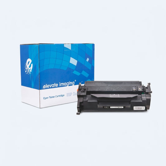 Elevate Imaging compatible HP 206X cyan toner cartridge shown beside its blue and white box.