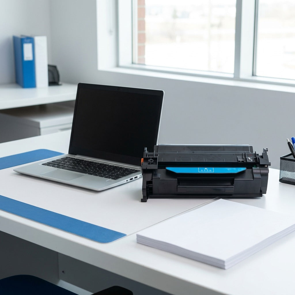 Elevate Imaging cyan toner cartridge on an office desk next to a laptop for scale reference.