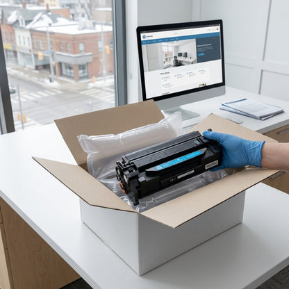 Unboxing a cyan HP 206X W2021X toner cartridge with protective air bag packaging in an office.