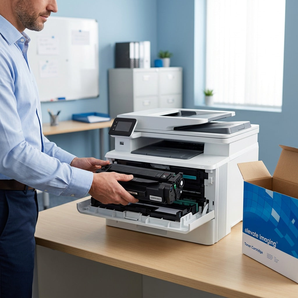 Person installing an Elevate Imaging W2021X cyan toner cartridge into a white laser printer.