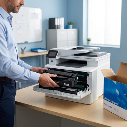 Person installing an Elevate Imaging W2021X cyan toner cartridge into a white laser printer.