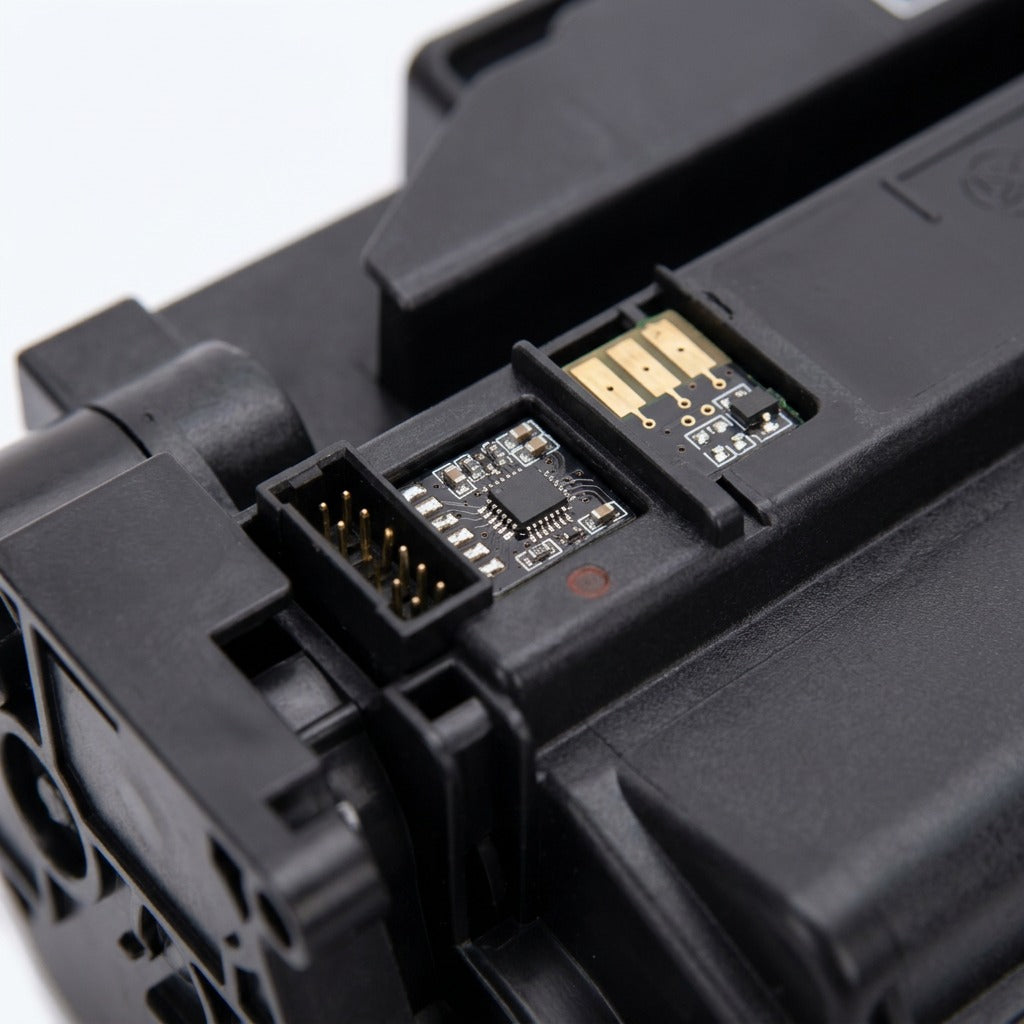 Macro detail of the gold electrical contacts and circuit chip on a Cyan HP 206X toner cartridge.