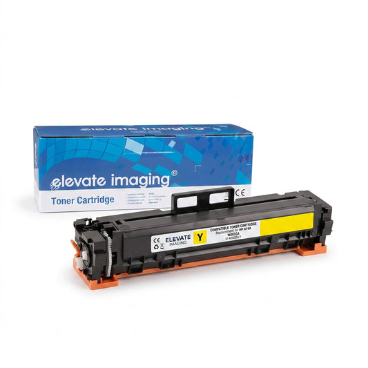 Elevate Imaging yellow compatible W2022A toner cartridge for HP printers with retail box.
