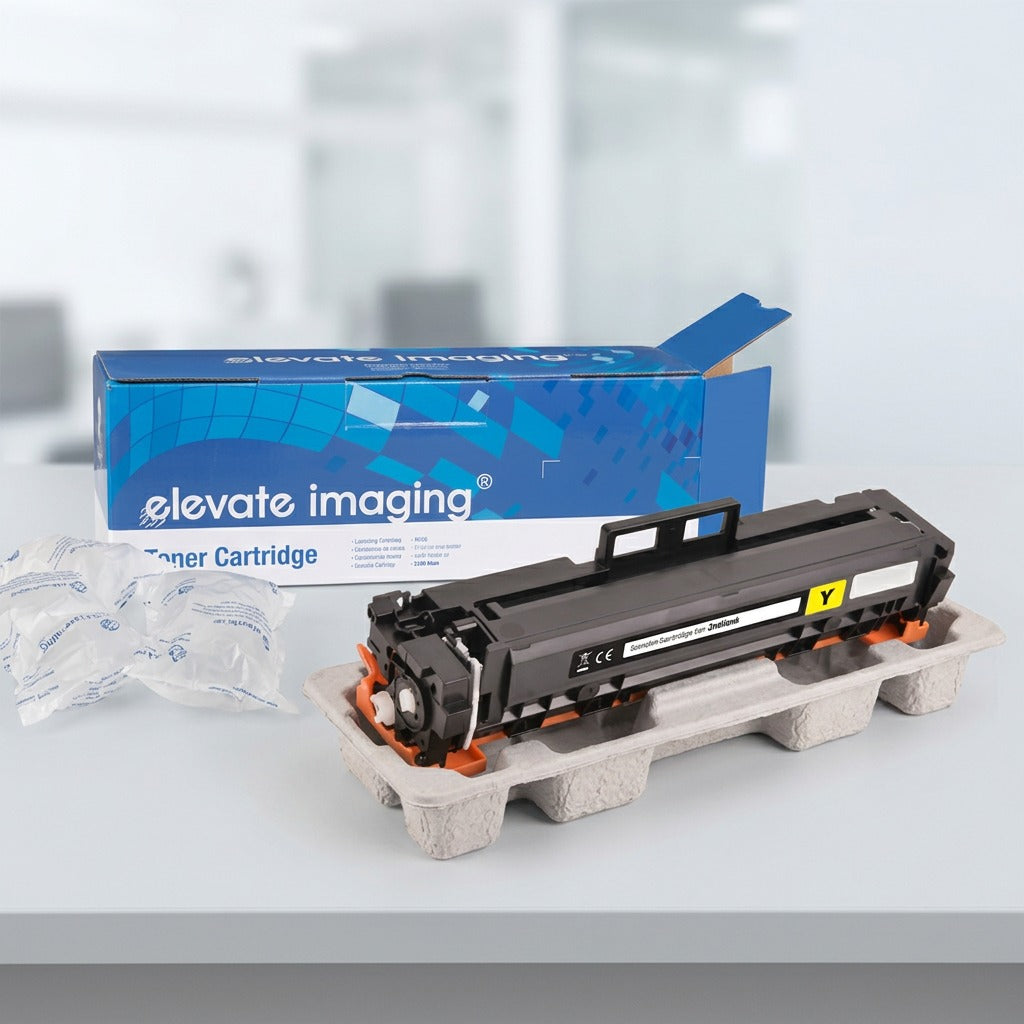 Elevate Imaging HP 414A Yellow toner cartridge unboxing with protective tray and air cushions.