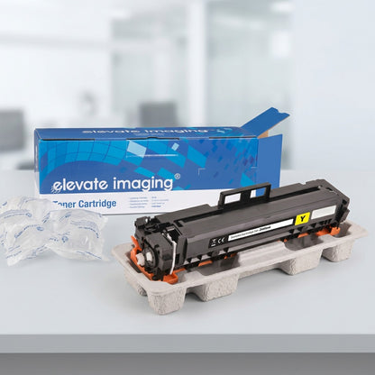 Elevate Imaging HP 414A Yellow toner cartridge unboxing with protective tray and air cushions.