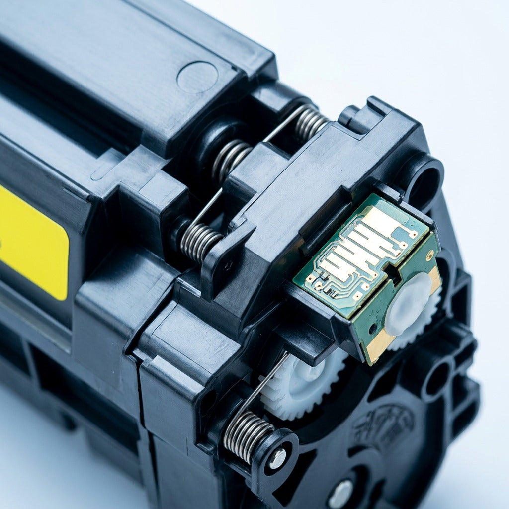 Macro detail of the contact chip and shutter springs on Elevate Imaging's HP 414A Yellow toner.
