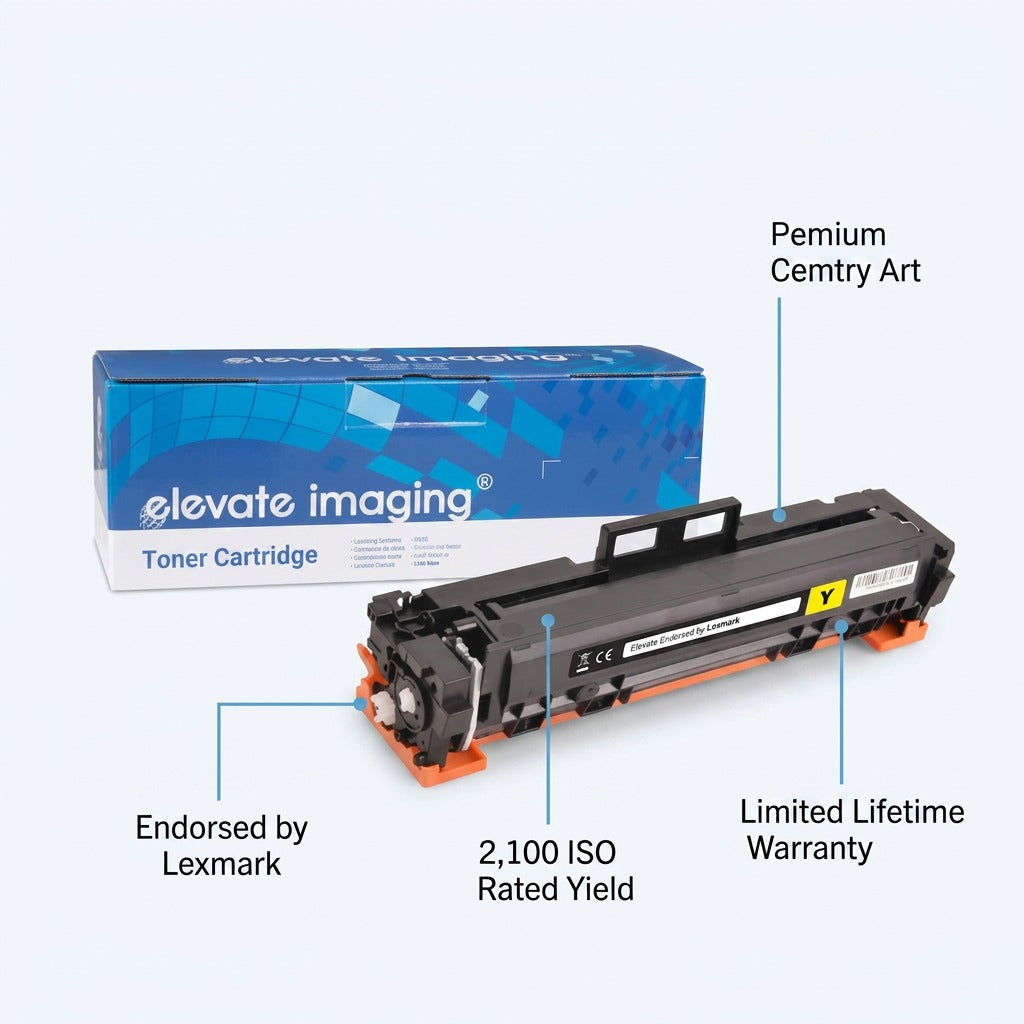 Elevate Imaging Yellow Toner Cartridge for HP 414A with 2,100 ISO yield and lifetime warranty.