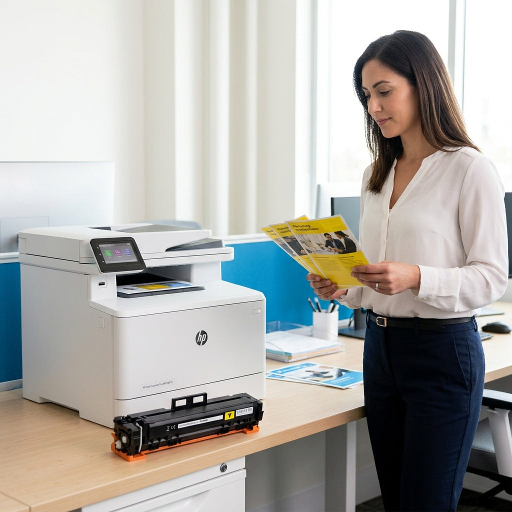 Woman in a bright office holding yellow brochures next to an HP printer and a compatible HP 414A toner cartridge.