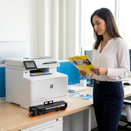 Woman in a bright office holding yellow brochures next to an HP printer and a compatible HP 414A toner cartridge.