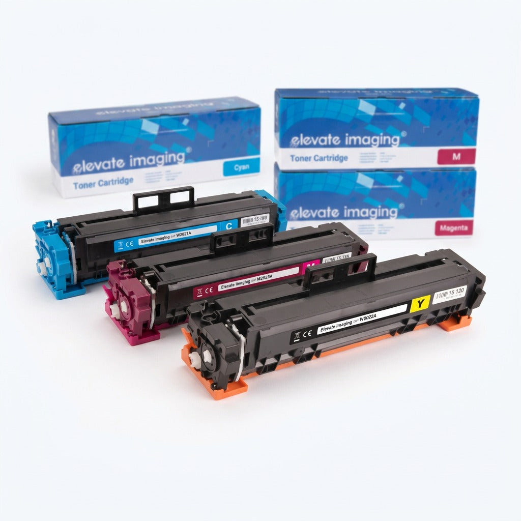 Elevate Imaging compatible HP 414A toner cartridges in cyan, magenta, and yellow with retail boxes.