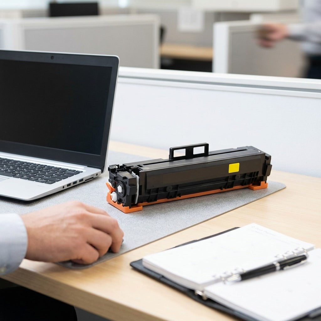 Yellow HP 210X compatible toner cartridge on an office desk next to a laptop for scale reference.