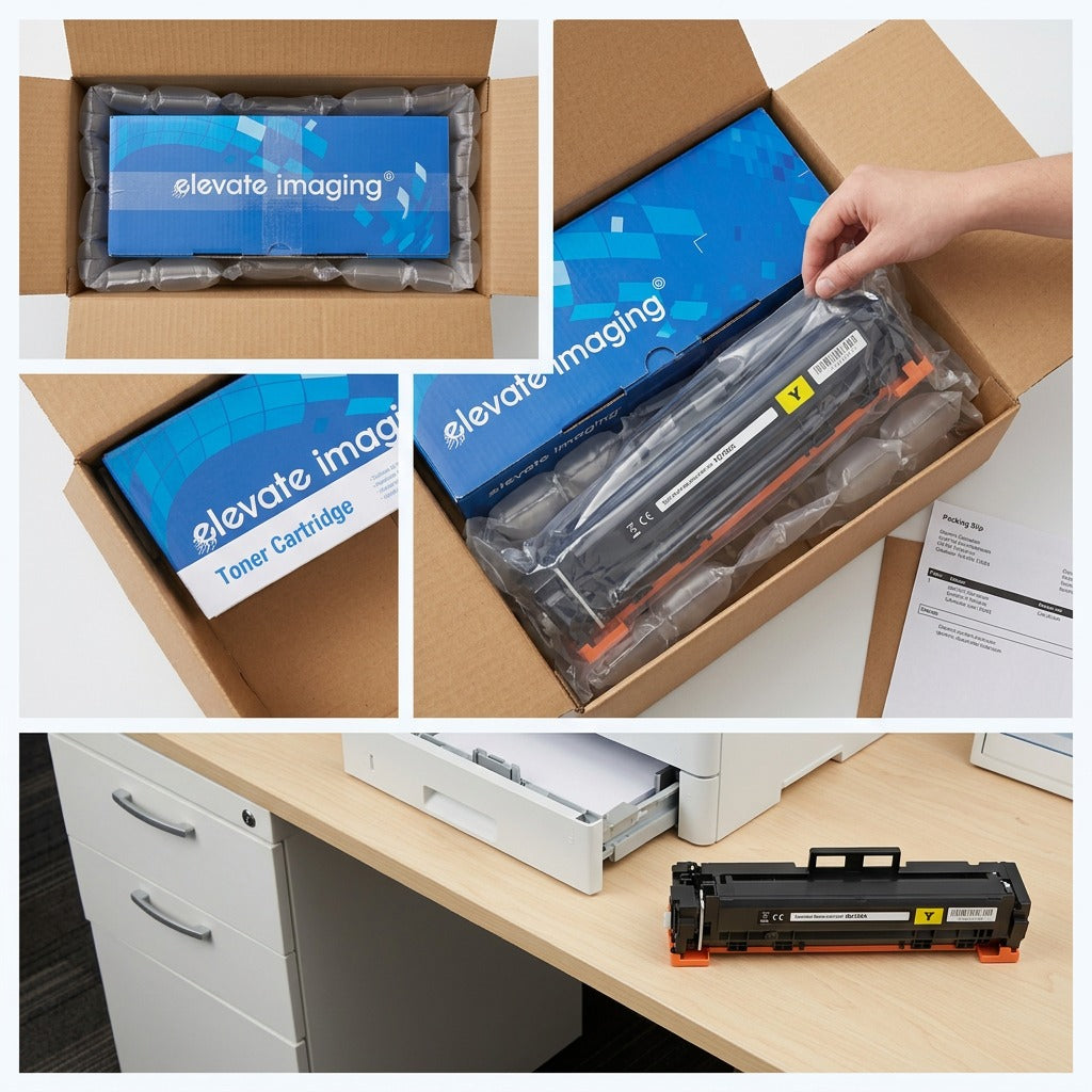 Unboxing an Elevate Imaging W2022X yellow toner cartridge protected by air-cushioning and polybag.