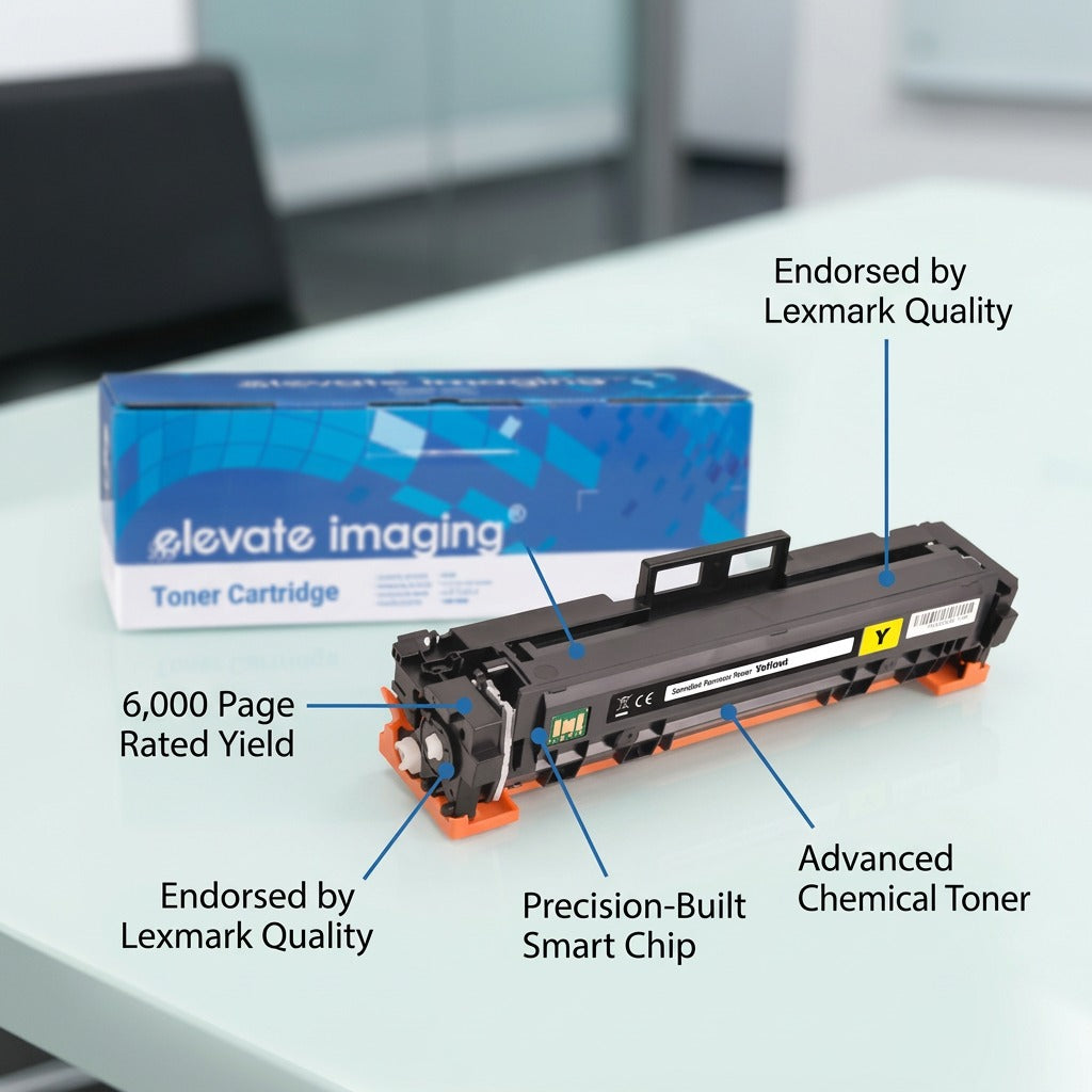 Elevate Imaging Yellow Toner Cartridge with callouts for 6,000 page yield and Lexmark endorsement.