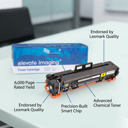 Elevate Imaging Yellow Toner Cartridge with callouts for 6,000 page yield and Lexmark endorsement.