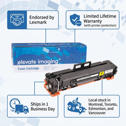 Infographic for Elevate Imaging HP 210X yellow toner showing local stock and lifetime warranty.