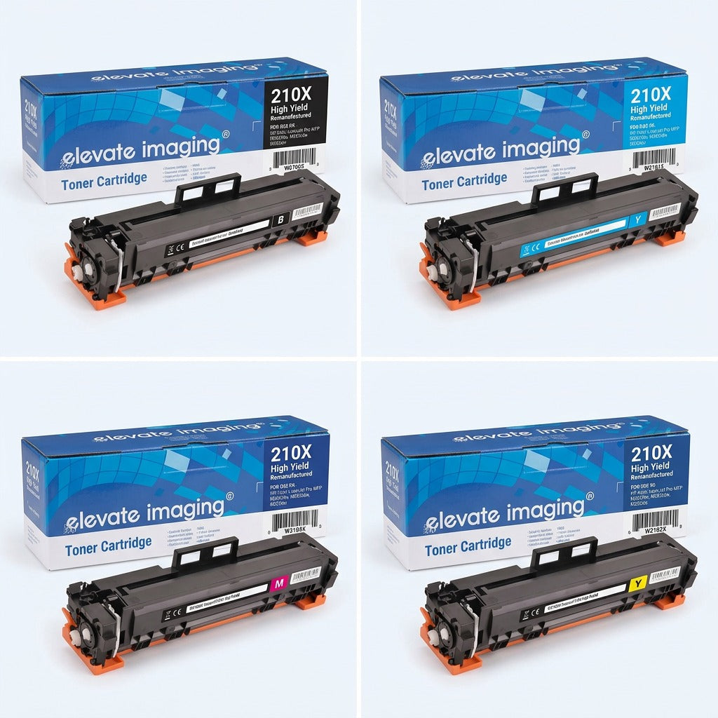 Elevate Imaging HP 210X High Yield Toner 4-pack matrix showing Black, Cyan, Magenta, and Yellow.