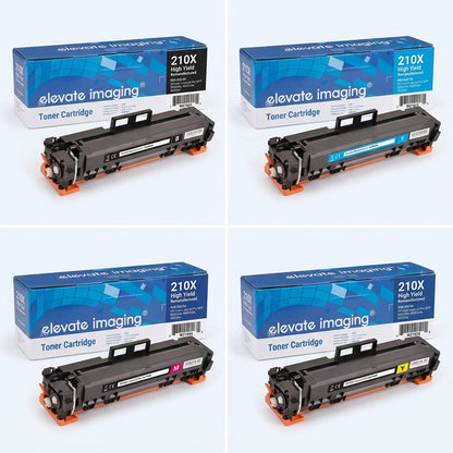 Elevate Imaging HP 210X High Yield Toner 4-pack matrix showing Black, Cyan, Magenta, and Yellow.