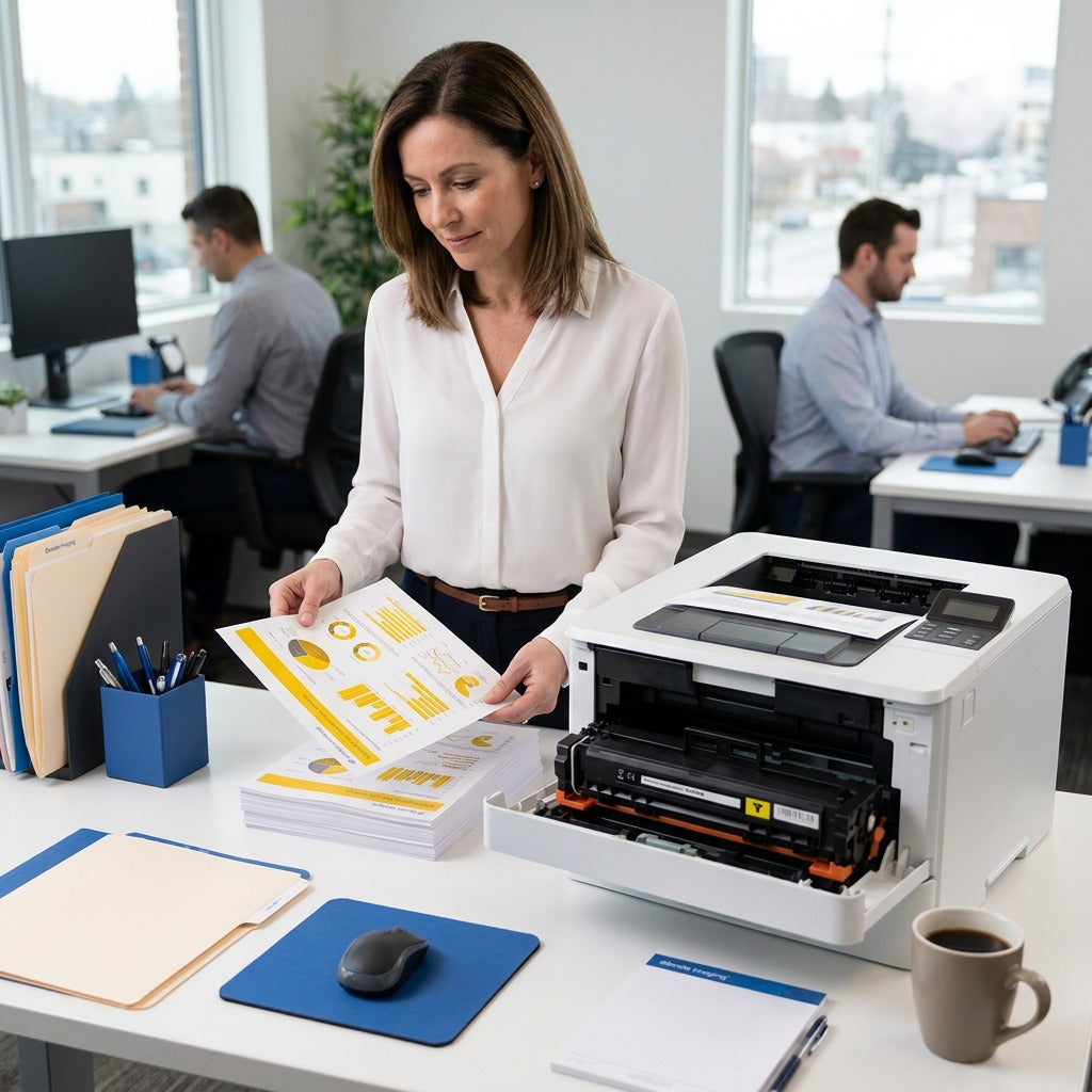 Office worker reviewing charts printed from an HP printer using a yellow compatible toner cartridge.