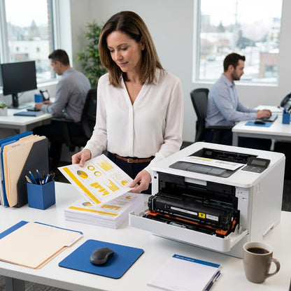 Office worker reviewing charts printed from an HP printer using a yellow compatible toner cartridge.