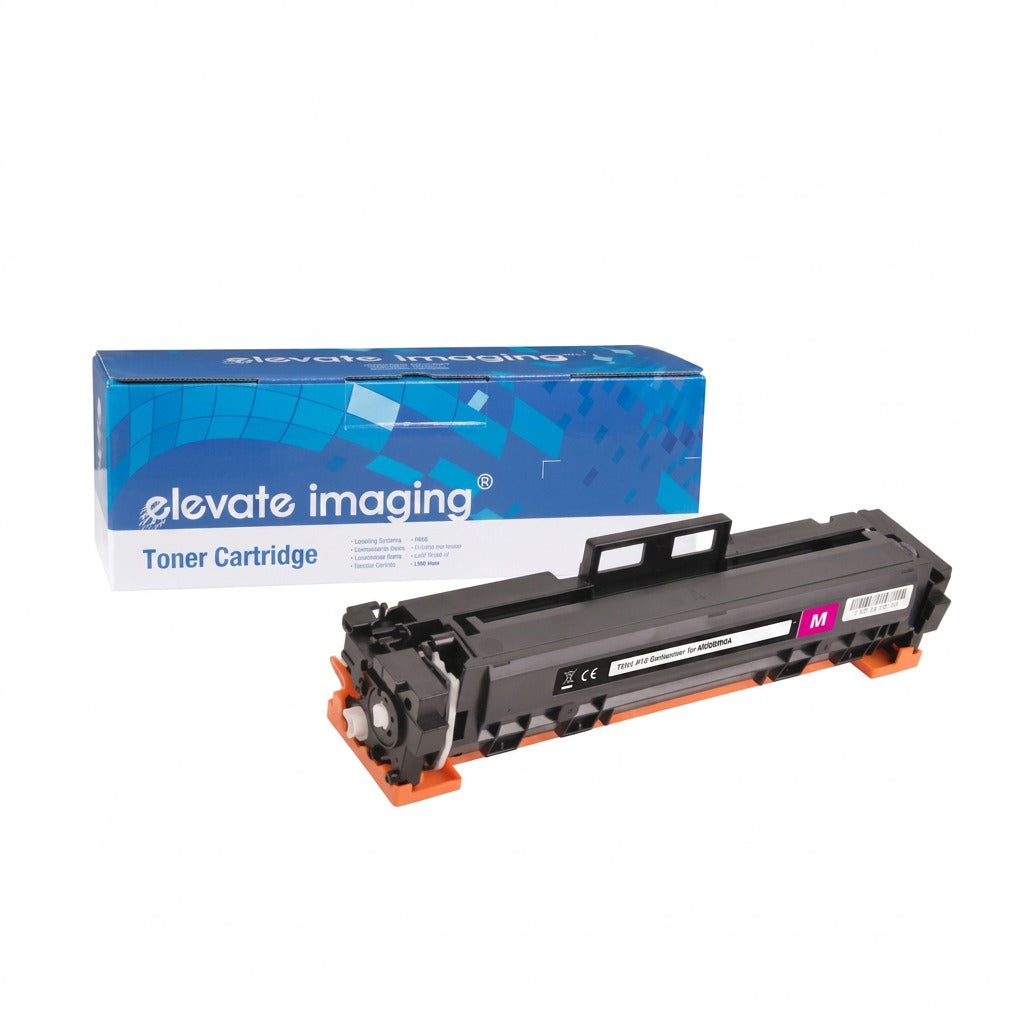 Elevate Imaging compatible HP W2023A (210A) Magenta Toner Cartridge and retail box on white.