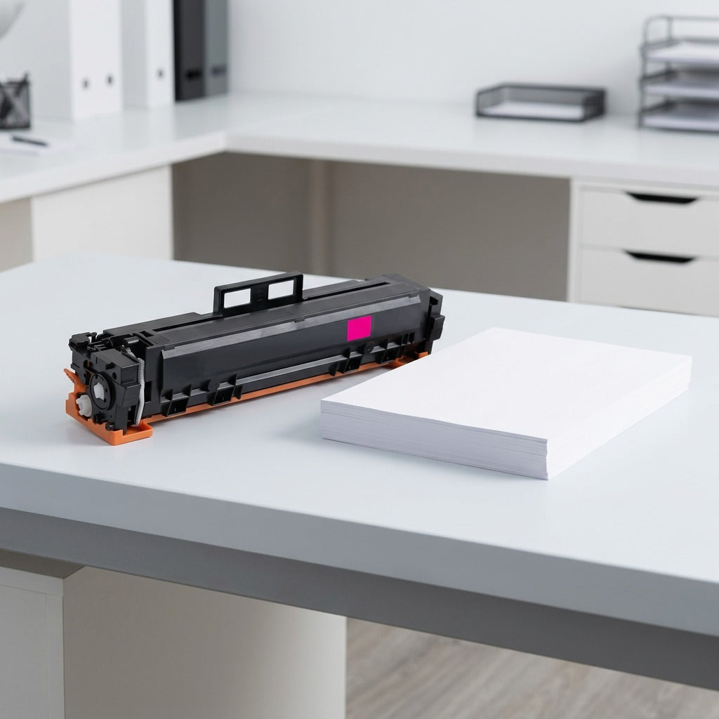 Elevate Imaging magenta laser toner cartridge for HP W2023A beside a stack of A4 paper for scale.