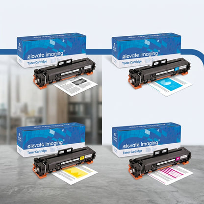 Four Elevate Imaging HP 210A compatible toner cartridges in black, cyan, yellow, and magenta.