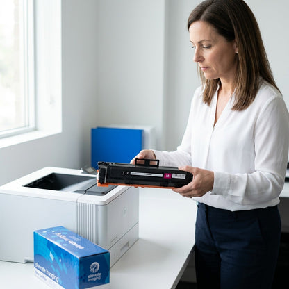 Professional in a bright office installing an Elevate Imaging HP 210A magenta toner into a printer.