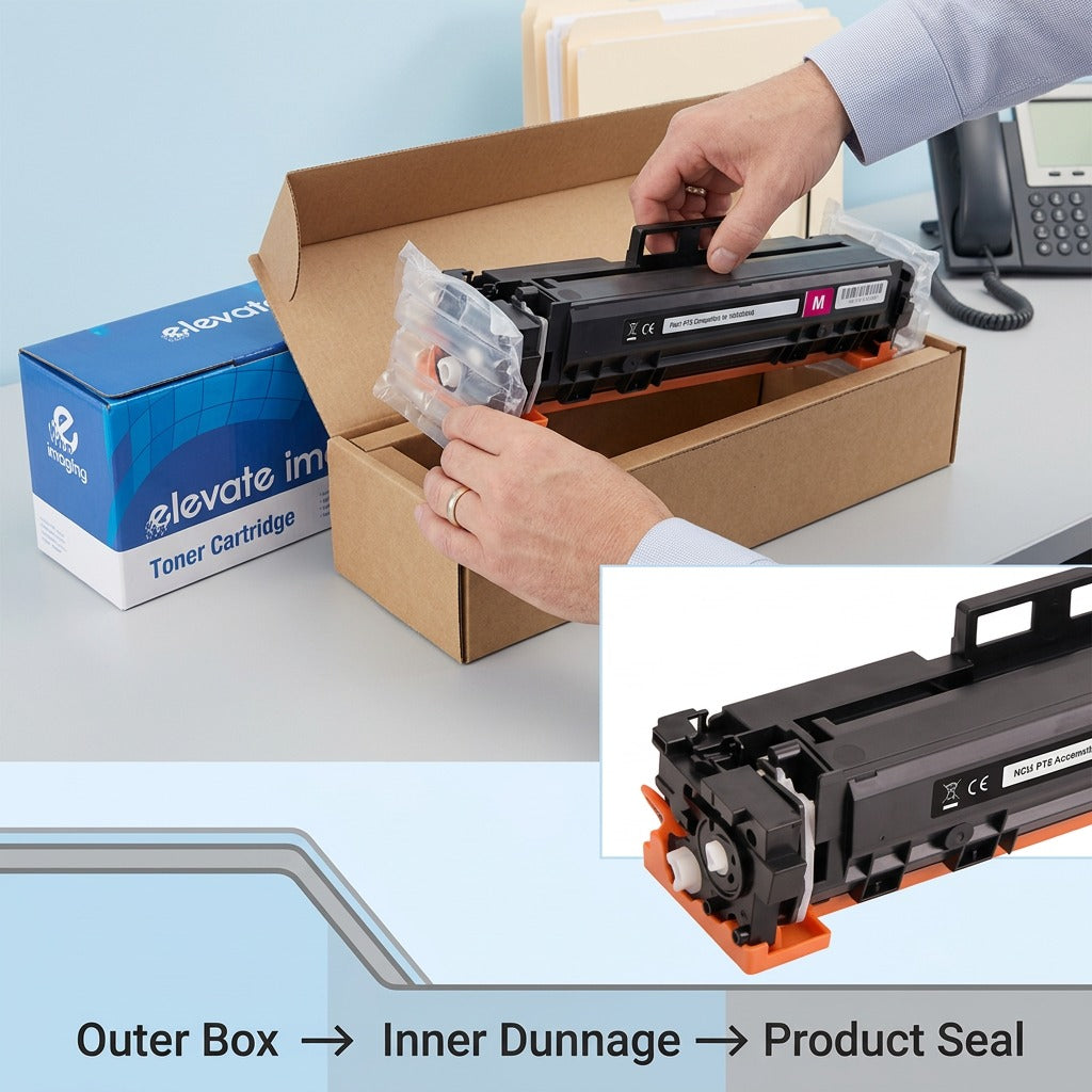 Elevate Imaging magenta toner cartridge being safely unboxed from protective air-cushioned dunnage.