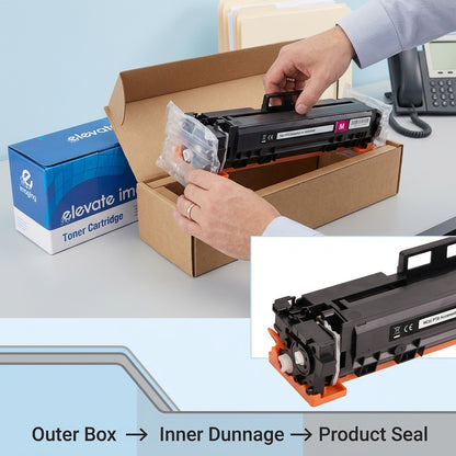 Elevate Imaging magenta toner cartridge being safely unboxed from protective air-cushioned dunnage.