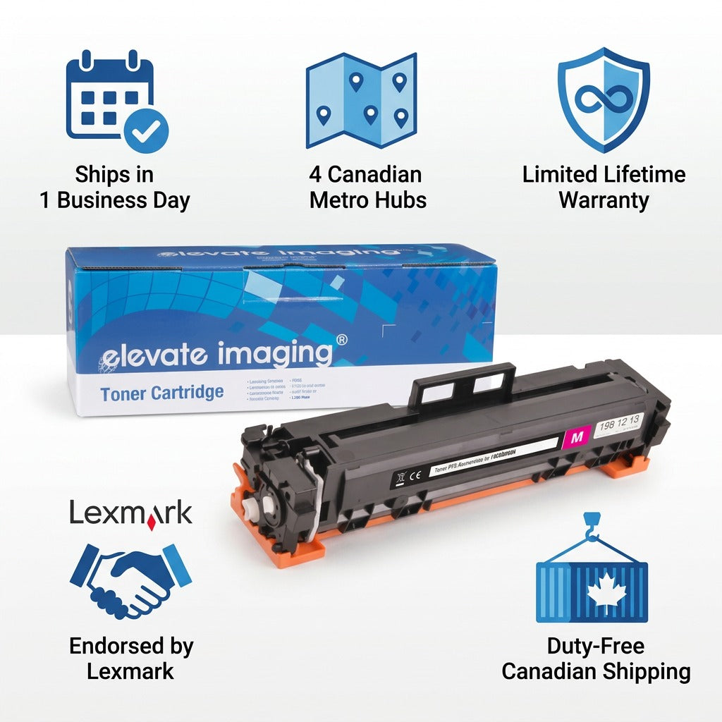Elevate Imaging Magenta Toner Cartridge infographic with Lexmark endorsement and shipping details.