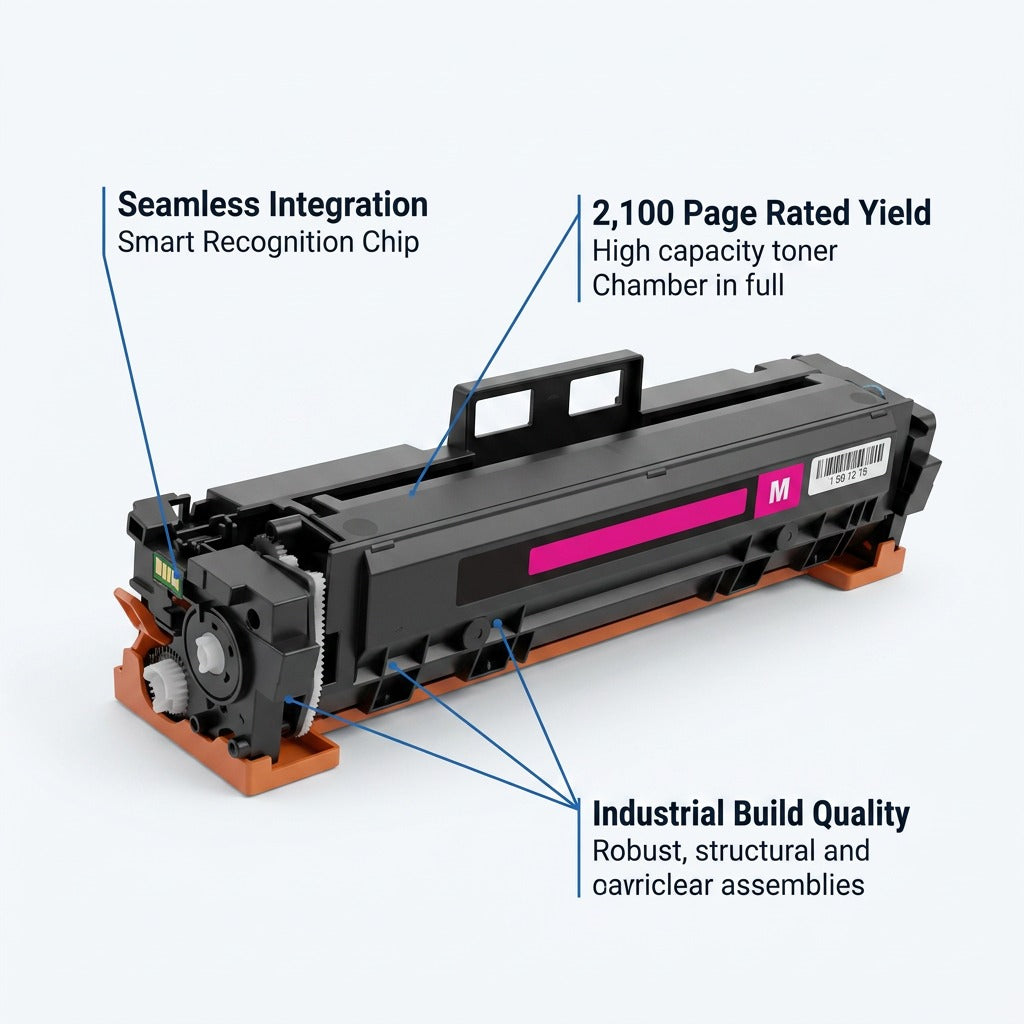 Elevate Imaging Magenta HP W2023A toner cartridge highlighting 2100 page yield and smart chip.