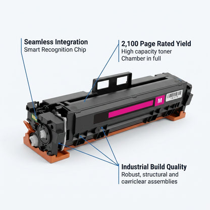 Elevate Imaging Magenta HP W2023A toner cartridge highlighting 2100 page yield and smart chip.