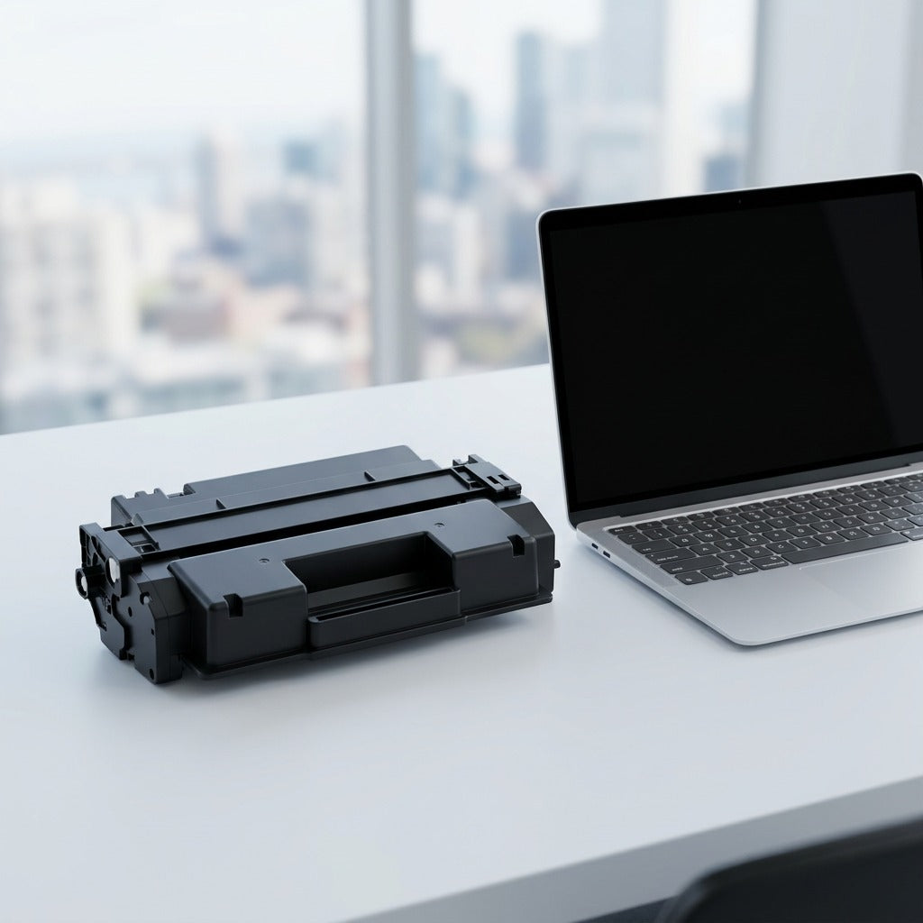Elevate Imaging HP 414X compatible toner cartridge on a desk next to a laptop for scale reference.